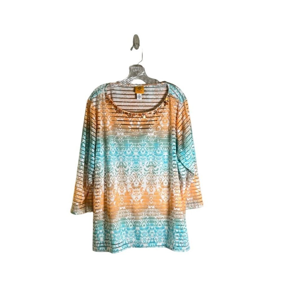 Ruby Rd Women's Beaded Cut Out Geometric Pattern Top Size 1X Teal & Orange